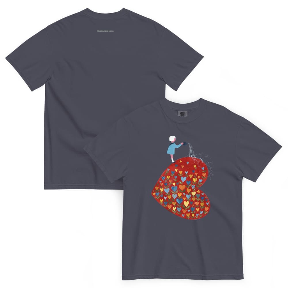 Navy blue t-shirt with a graphic design of a person fishing from a heart filled with hearts on a white background.
