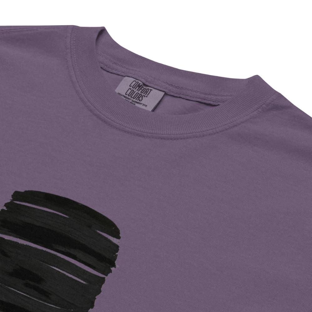 Purple shirt with black design and 'Comfort Colors' label on a white background
