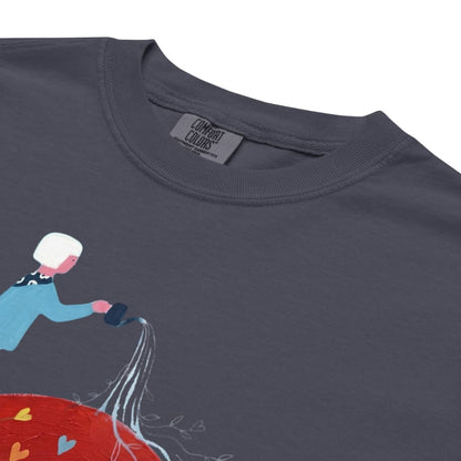 Navy blue t-shirt with a colorful graphic of a person and a pizza, featuring the 'Comfort Colors' brand.