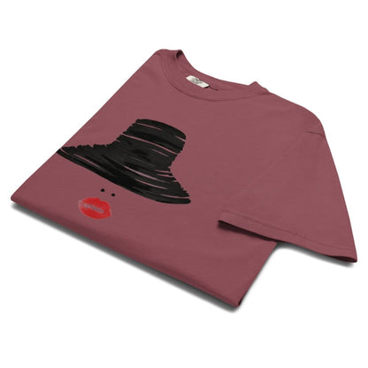 Brick t-shirt with black graphic and red lipstick mark on a white background