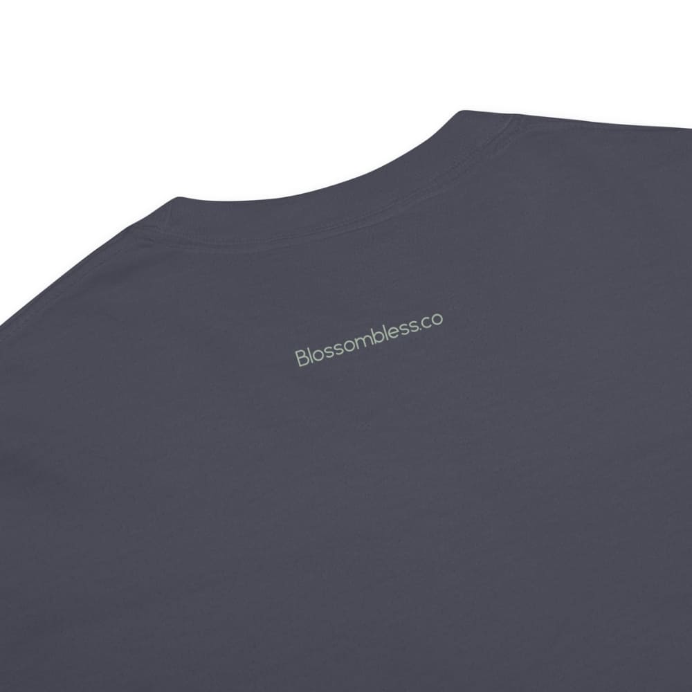 Close-up of a navy blue t-shirt on a white background