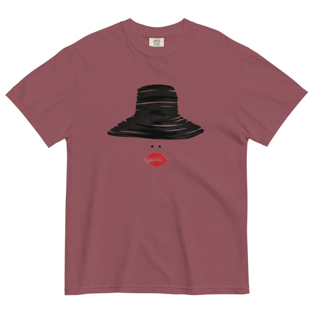 Brick t-shirt with black hat and red lips graphic on a white background