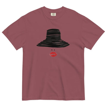 Brick t-shirt with black hat and red lips graphic on a white background