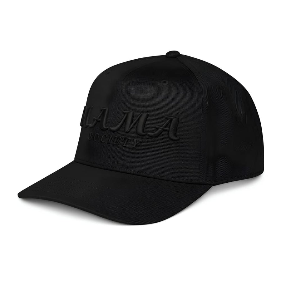 Black cap with a logo on a white background