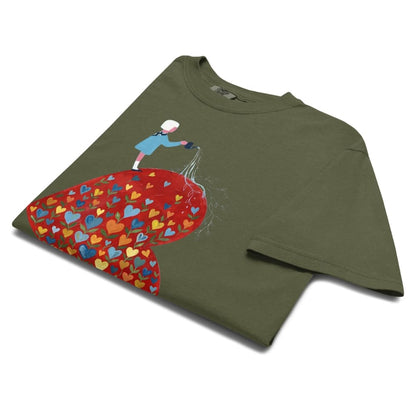 Hemp green t-shirt with a colorful graphic design of a vintage car and flowers on a white background