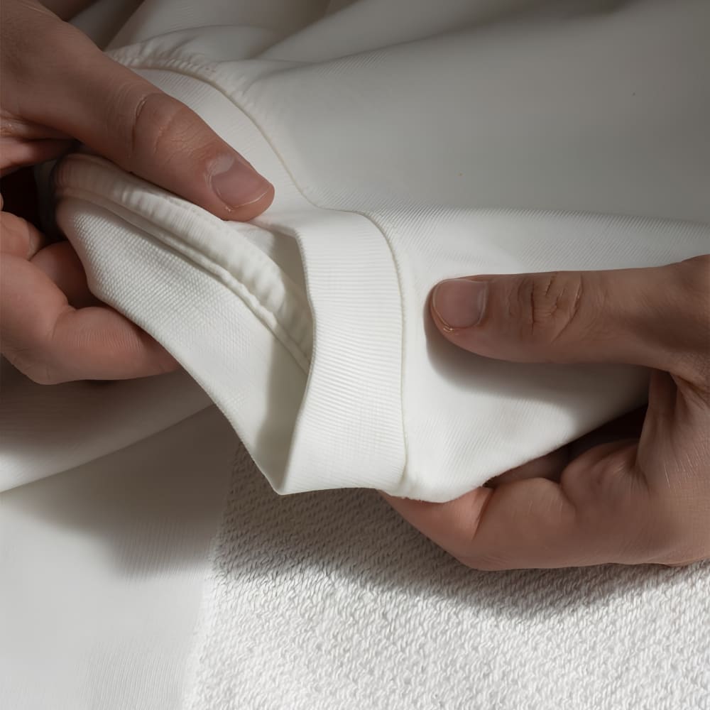 Close-up of the ribbed ivory cuff on a Comfort Colors garment, showing the dense garment-dyed cotton