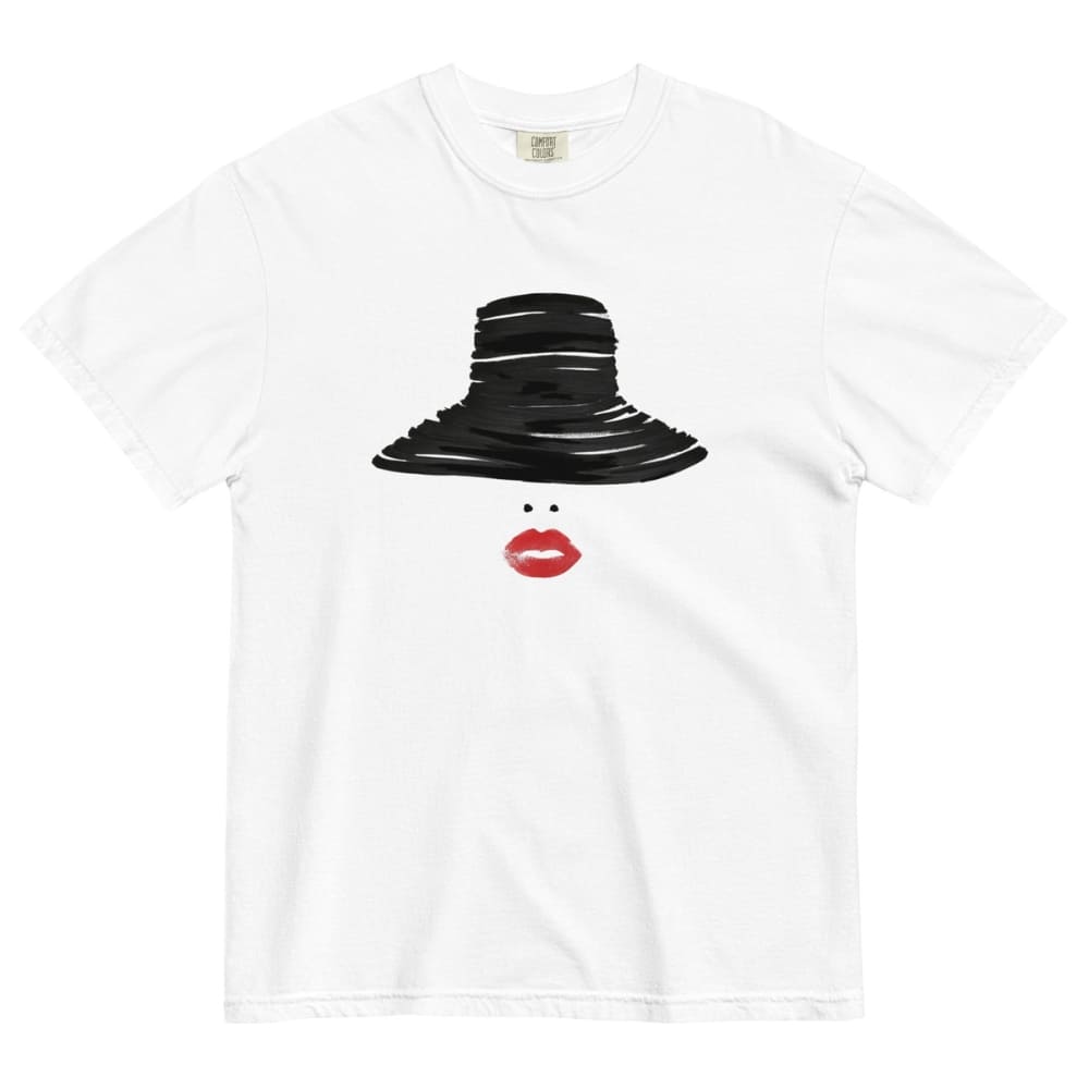 White t-shirt with a black hat and red lips graphic on a white background