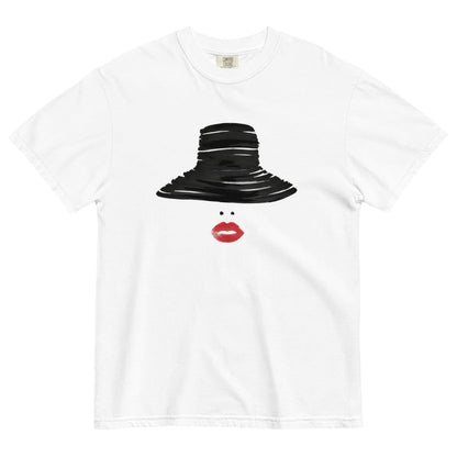 White t-shirt with a black hat and red lips graphic on a white background
