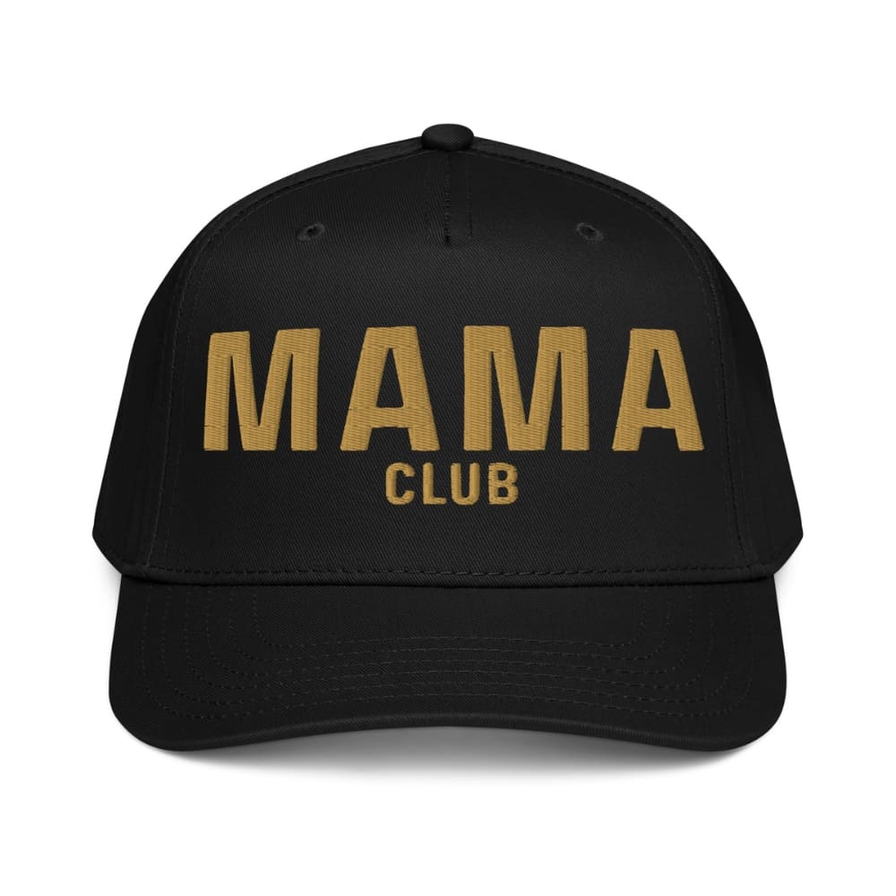 Black cap with 'MAMA CLUB' text in gold on a white background