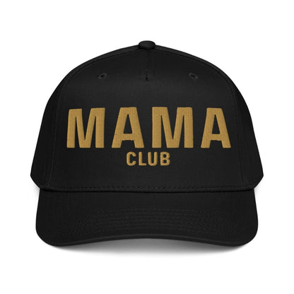 Black cap with 'MAMA CLUB' text in gold on a white background