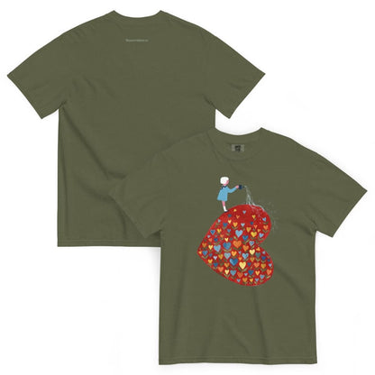 Hemp green t-shirt with a colorful heart design and person on a white background