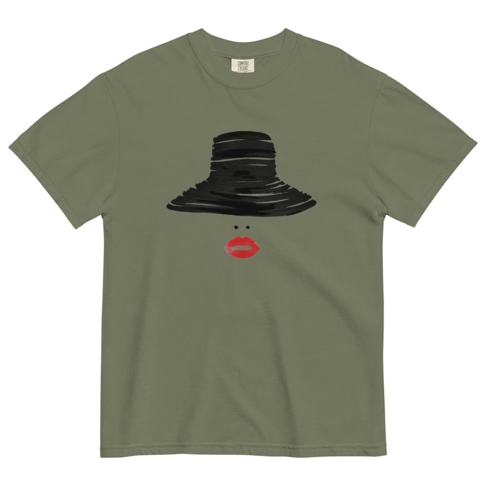 Moss green t-shirt with a black hat and red lips graphic on a white background