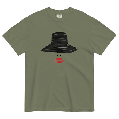 Moss green t-shirt with a black hat and red lips graphic on a white background