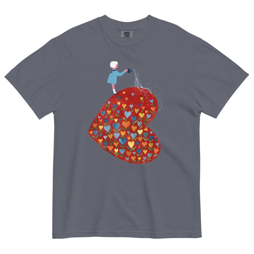 Denim blue t-shirt with a colorful heart design and a person holding a heart-shaped balloon on a white background