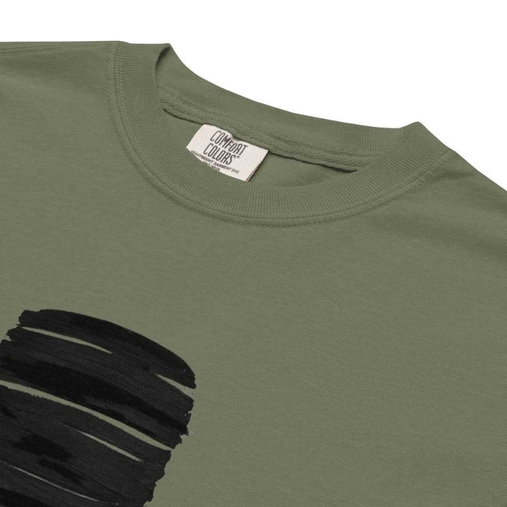 Moss green t-shirt with black distressed design and 'Comfort Colors' label on a white background