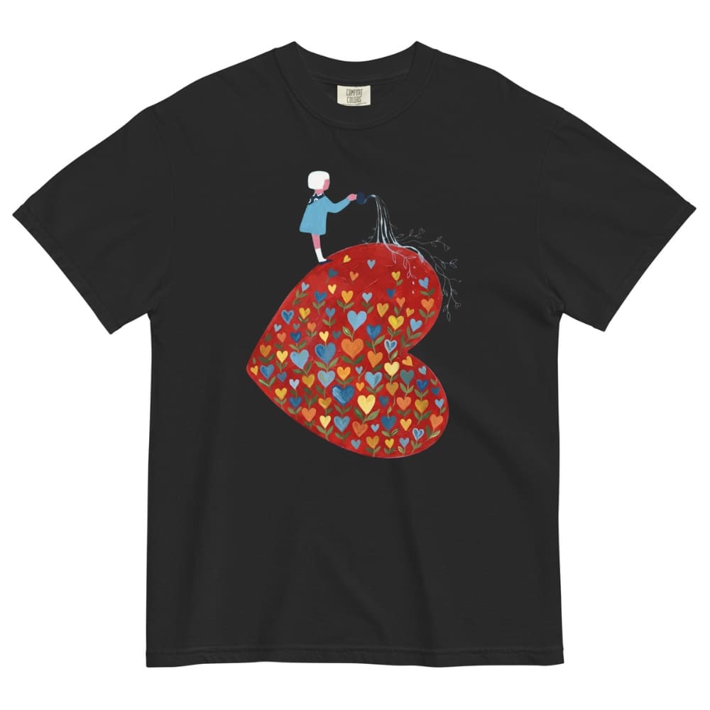 Black t-shirt with a colorful heart design and a small figure on a white background