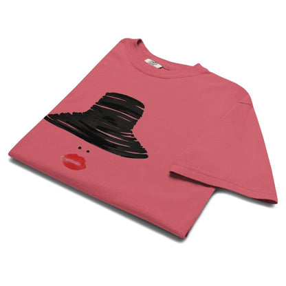 Watermelon red t-shirt with black witch hat design on a white background