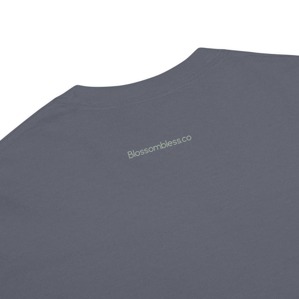 Close-up of a denim blue t-shirt on a white background