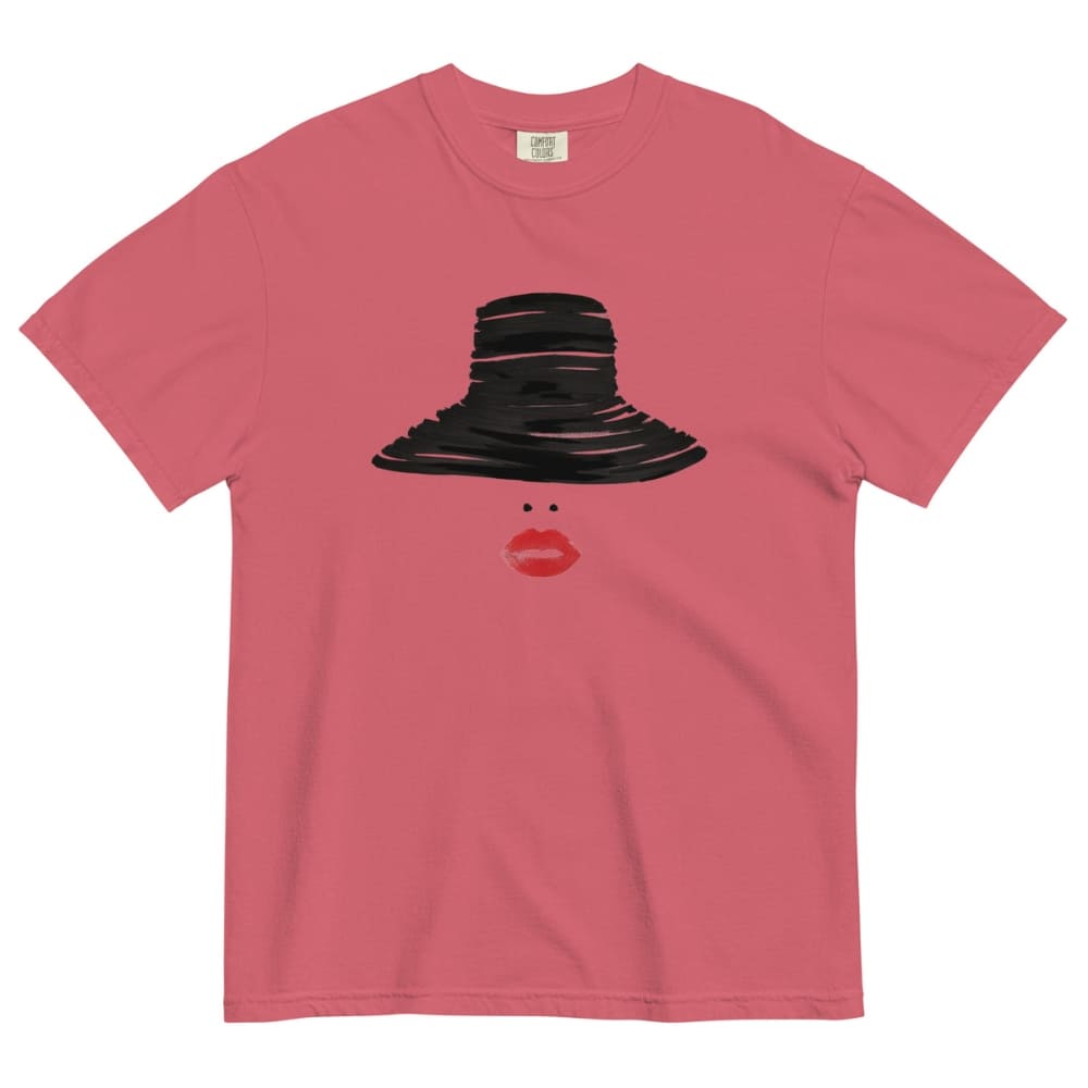 Watermelon red t-shirt with a black hat and red lips graphic on a white background