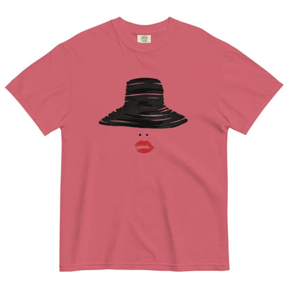 Watermelon red t-shirt with a black hat and red lips graphic on a white background