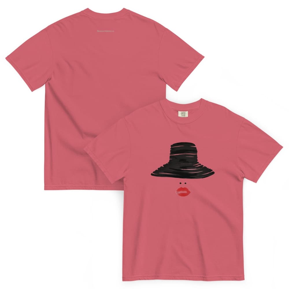 Watermelon red t-shirt with black hat and red lips graphic on a white background