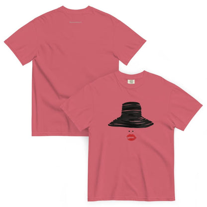 Watermelon red t-shirt with black hat and red lips graphic on a white background