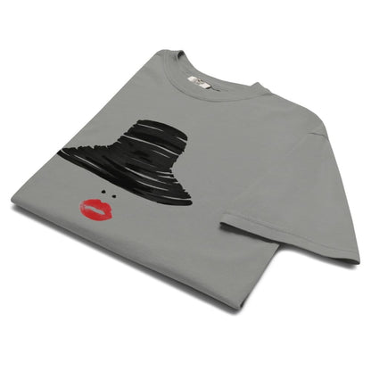 Gray t-shirt with black witch hat and red lips graphic on a white background
