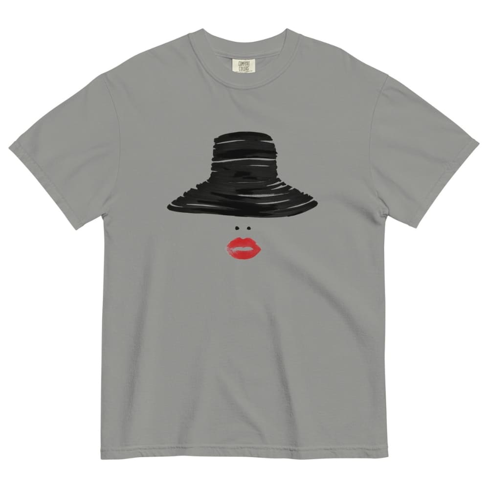 Gray t-shirt with a black hat and red lips graphic on a white background