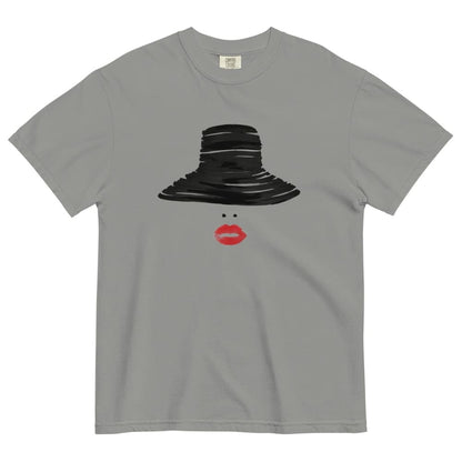 Gray t-shirt with a black hat and red lips graphic on a white background