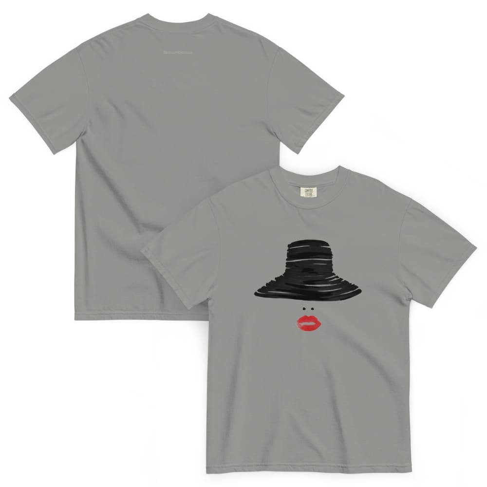 Gray t-shirt with black graphic design and text on a white background
