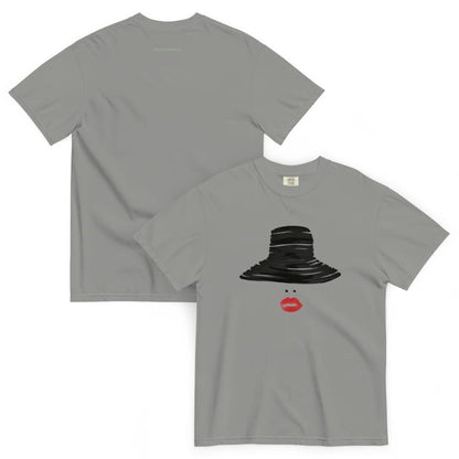 Gray t-shirt with black graphic design and text on a white background