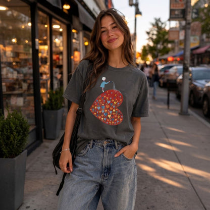 Woman wearing a graphic t-shirt with a heart design on a city street.
