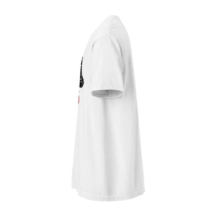 White t-shirt with black and red graphics on a white background