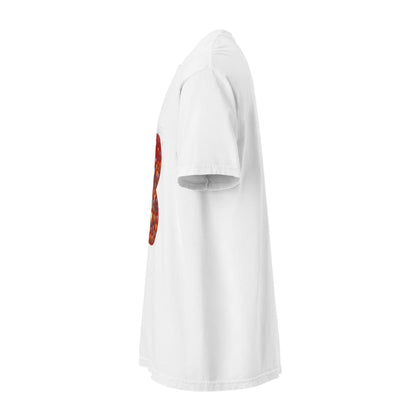 White t-shirt with a small graphic on the chest against a white background