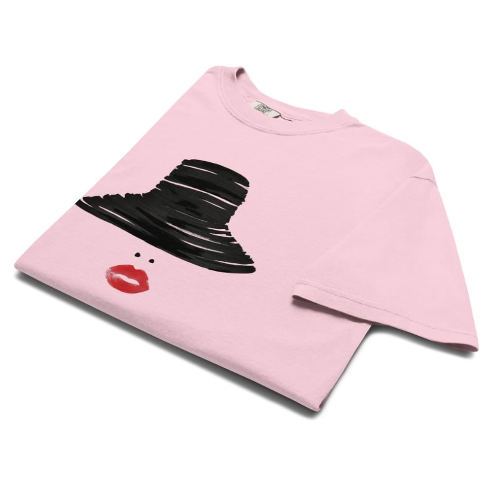 Pink t-shirt with black graphic and red lips on a white background