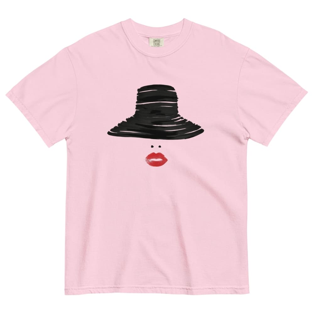 Pink t-shirt with a black hat and red lips graphic on a white background