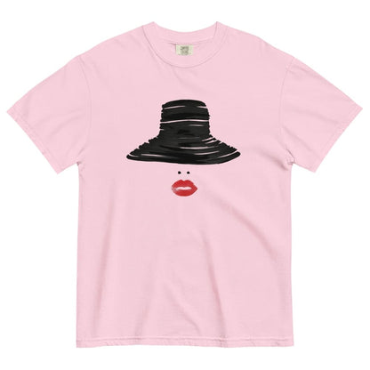 Pink t-shirt with a black hat and red lips graphic on a white background