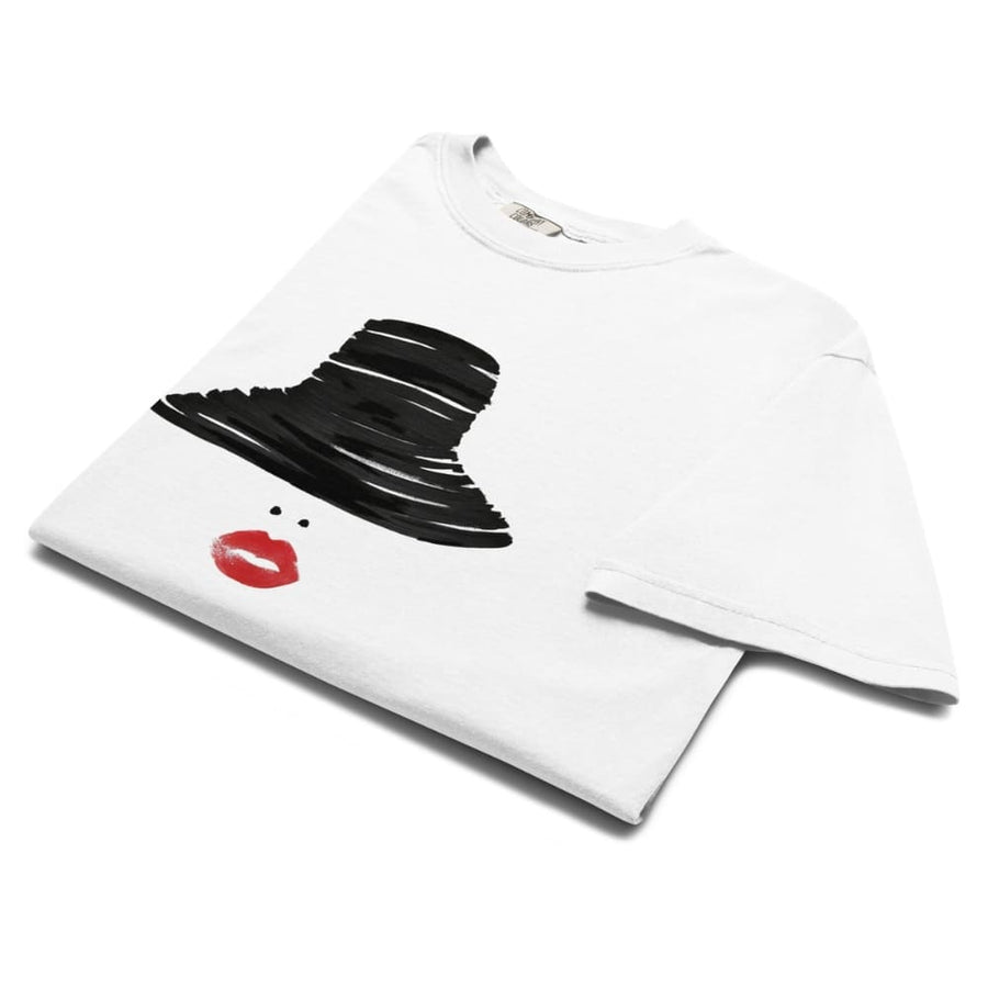 White t-shirt with black and red graphic design on a white background