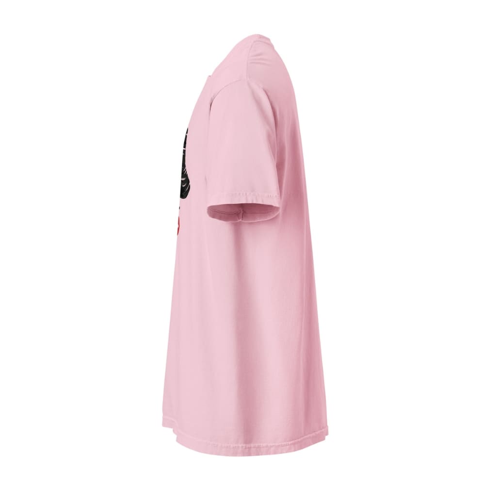 Pink t-shirt with a small black graphic on a white background