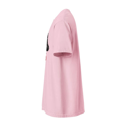 Pink t-shirt with a small black graphic on a white background