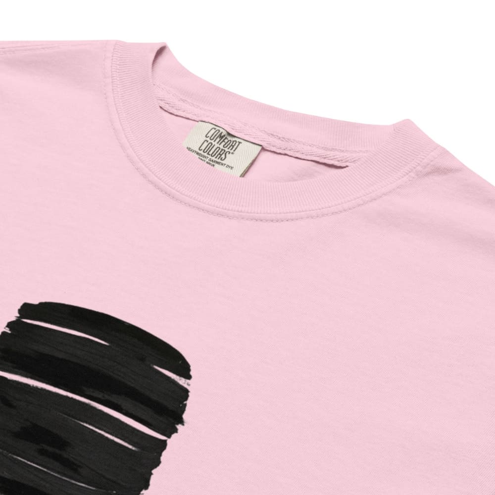 Pink t-shirt with black distressed design and 'Comfort Colors' label on a white background