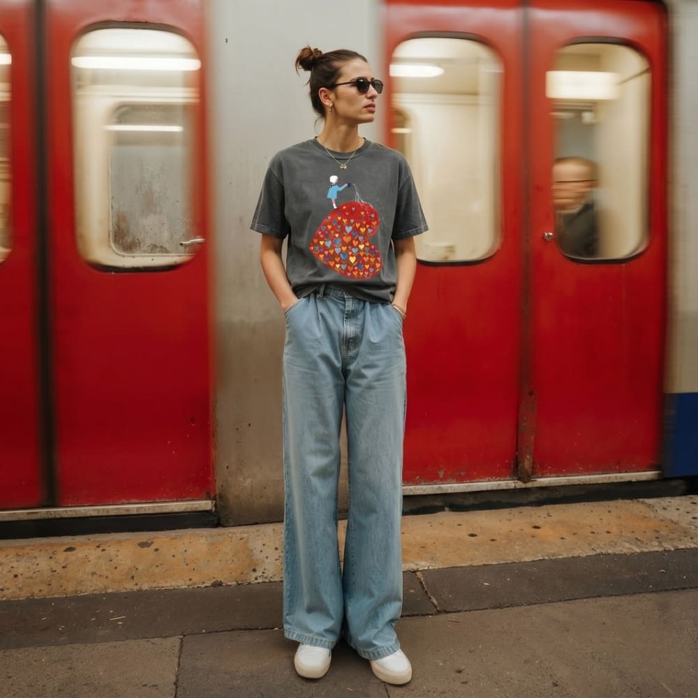 Person wearing a graphic t-shirt and blue jeans standing in front of a red train door.