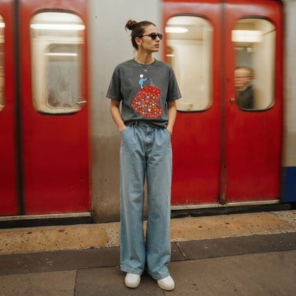 Person wearing a graphic t-shirt and blue jeans standing in front of a red train door.