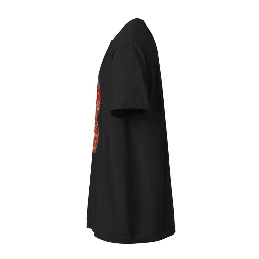 Black t-shirt with red text on sleeve against a white background