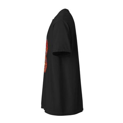 Black t-shirt with red text on sleeve against a white background