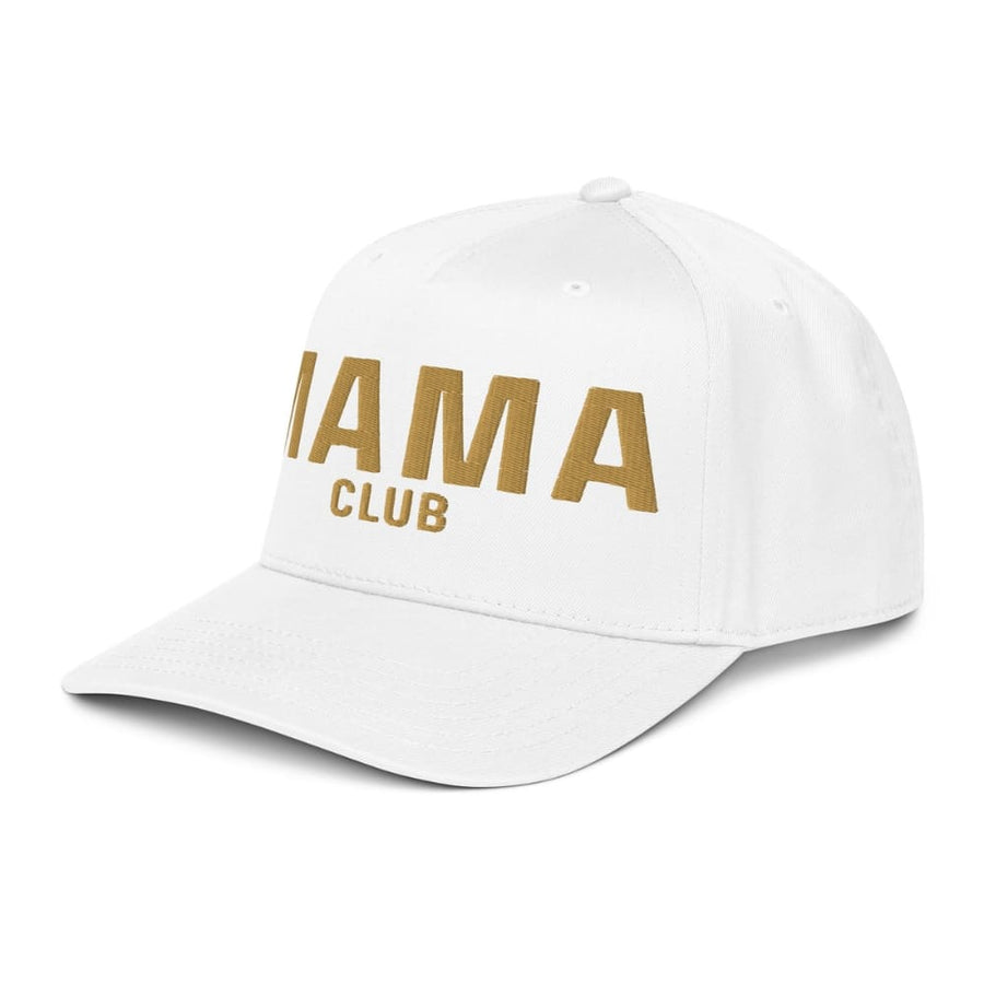White cap with 'MAMA CLUB' text in gold on a white background