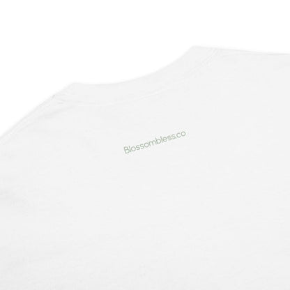 White t-shirt with 'Blossomblessco' branding on a white background