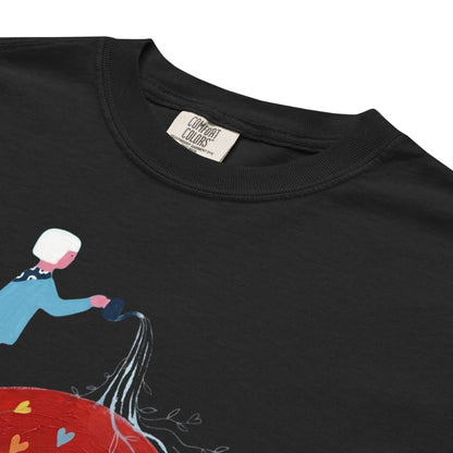 Black t-shirt with a colorful graphic design on a white background