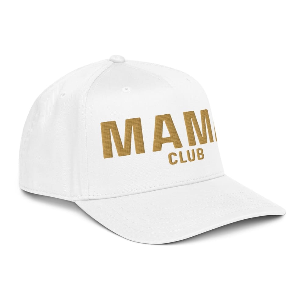 White cap with 'MAMA CLUB' text in gold on a white background