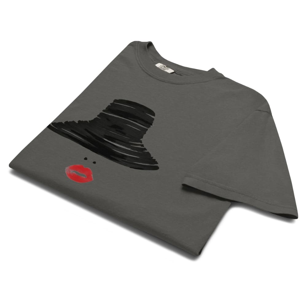 Pepper gray t-shirt with black graphic and red lips on a white background
